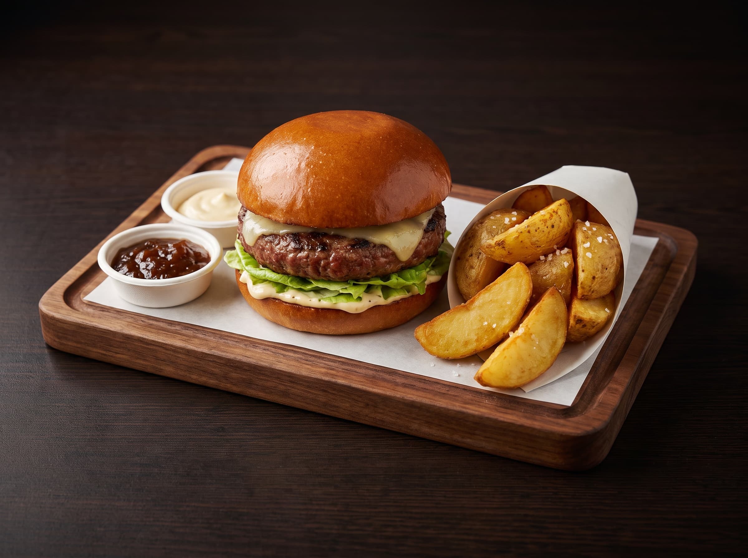 After — Cheeseburger with potato wedges — phone photo relit to studio quality with PlateRefresh