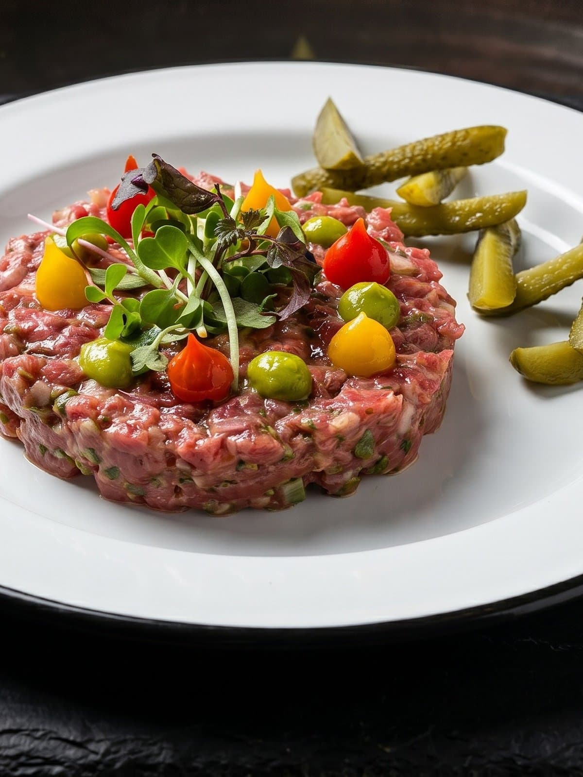 Fine-dining beef tartare with cornichons, relit with PlateRefresh