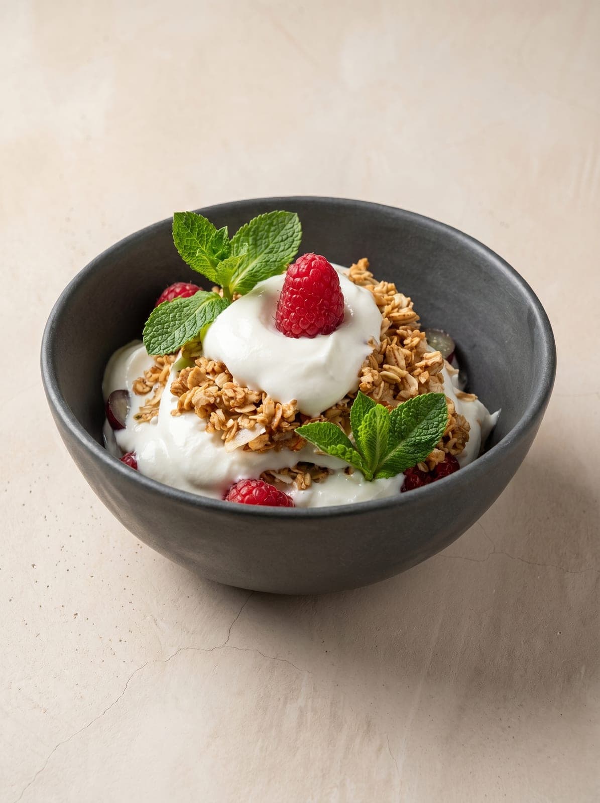 Granola with yogurt, raspberries and mint, relit with PlateRefresh
