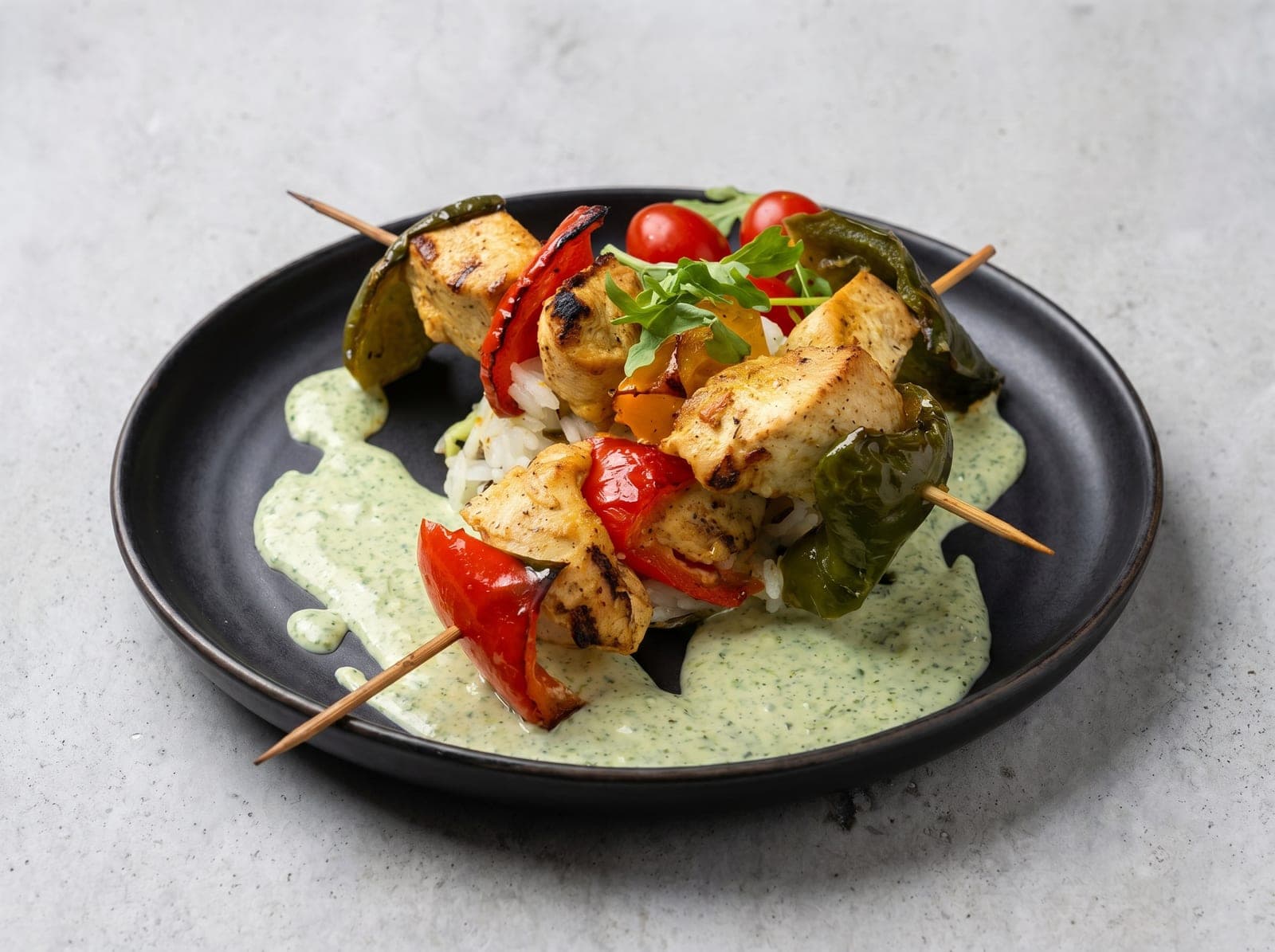 Chicken and pepper skewers with herb sauce, relit with PlateRefresh