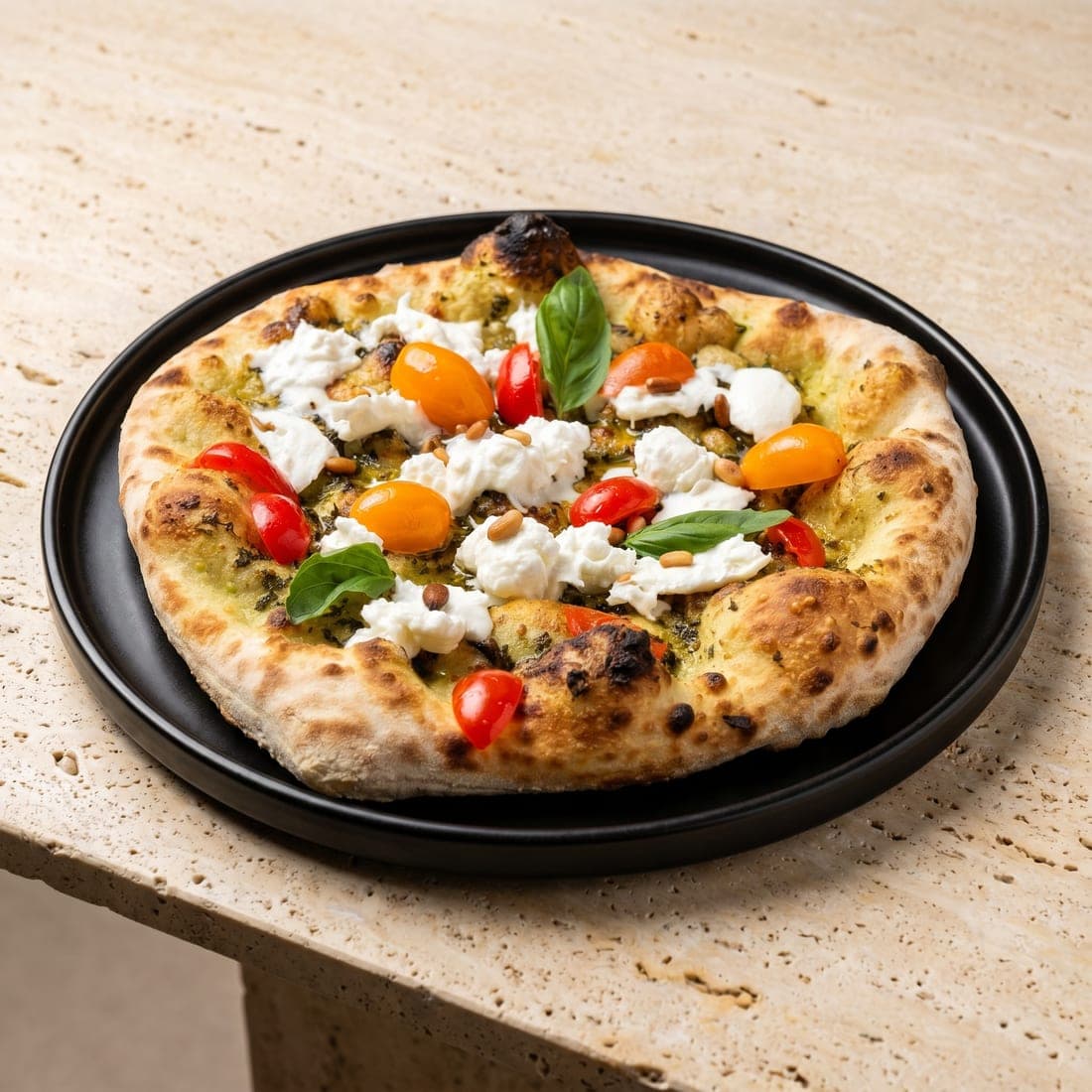 After — Pizza shot from overhead — phone photo relit to studio quality with PlateRefresh