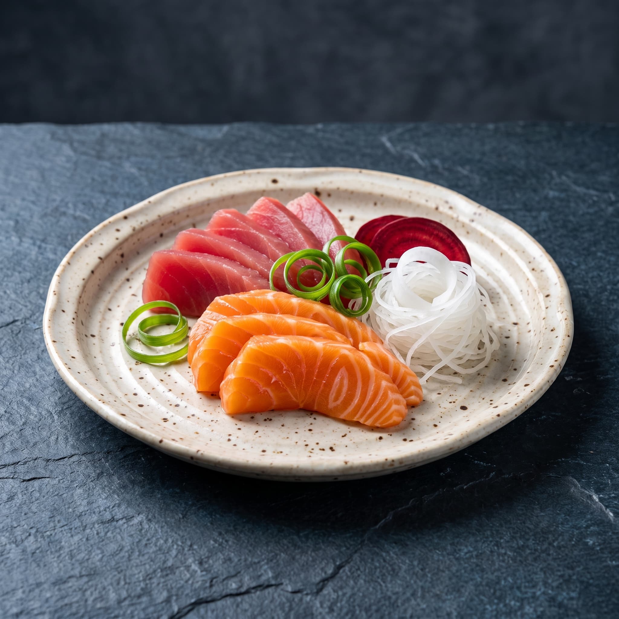 After — Salmon and tuna sashimi plate — dim restaurant phone photo relit to studio quality with PlateRefresh
