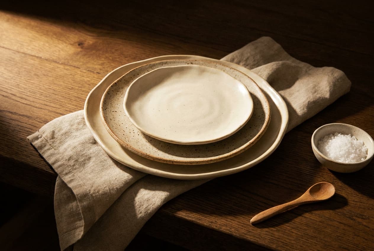 Stack of handmade ceramic plates and folded linen on a dark oak tabletop