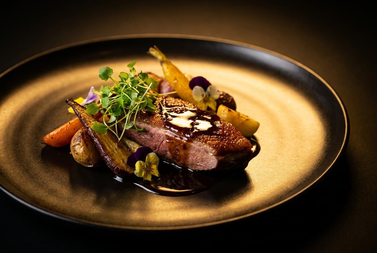 Finished studio-grade hero shot of a plated dish in warm dramatic light