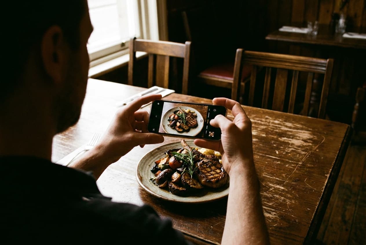Hands photographing a plated dish with a phone at a wooden restaurant table