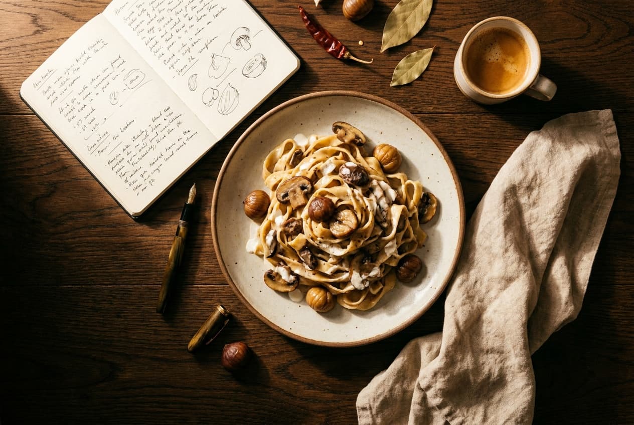 Overhead flat lay of a pasta dish beside an open notebook and espresso on dark wood
