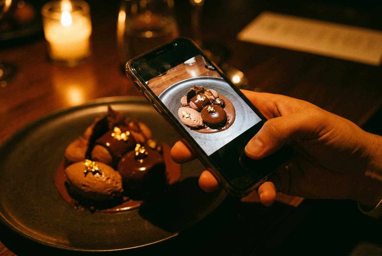 Hand holding a phone photographing a plated dessert at a dark restaurant table