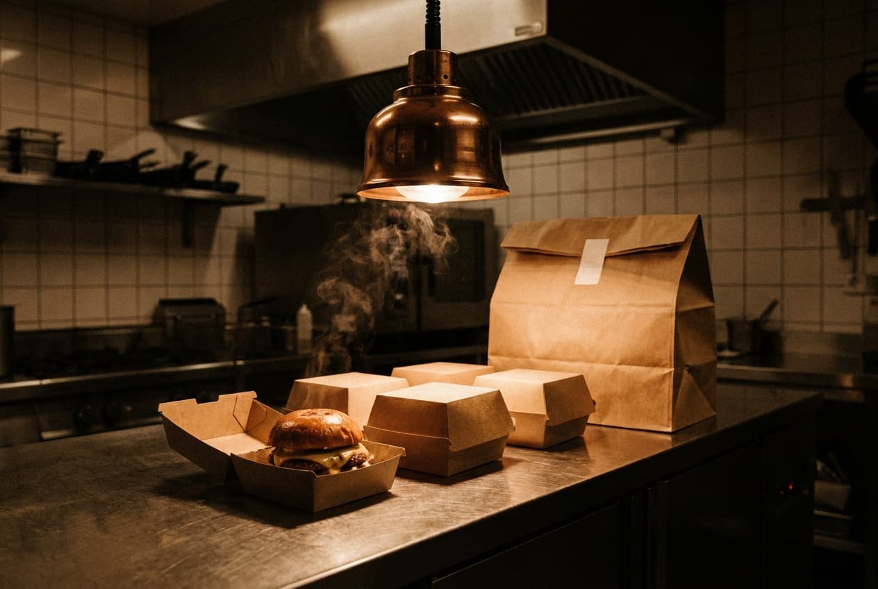 Takeaway boxes and a delivery bag lined up under warm light in a late-night kitchen