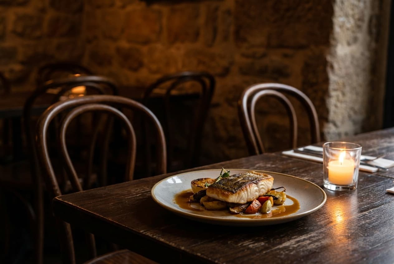 Plated dish on a dark wooden table in a warm candle-lit bistro