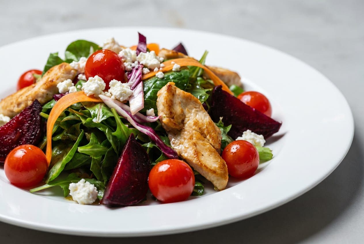 Colourful chicken, beetroot, feta and cherry-tomato salad on a white plate with vivid, true, neutral colour