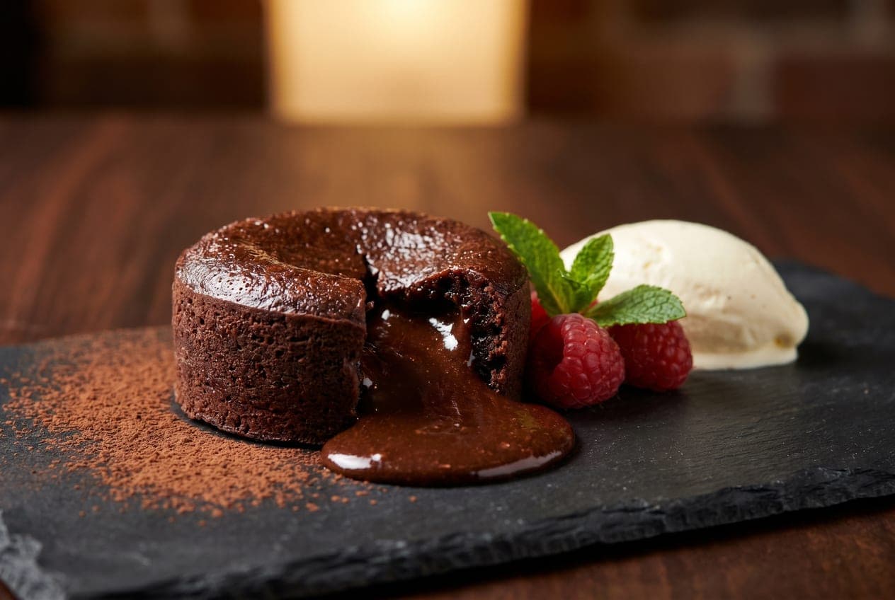 Lava cake with molten chocolate center showing perfect highlight recovery - glossy glaze detail without blown-out whites