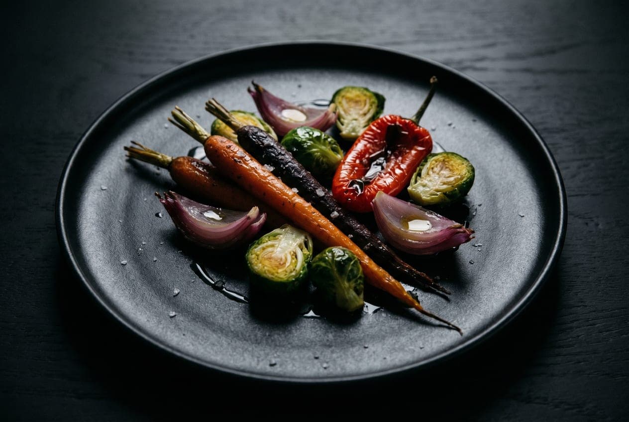 Roasted vegetables on a dark ceramic plate with detail held in the shadow side