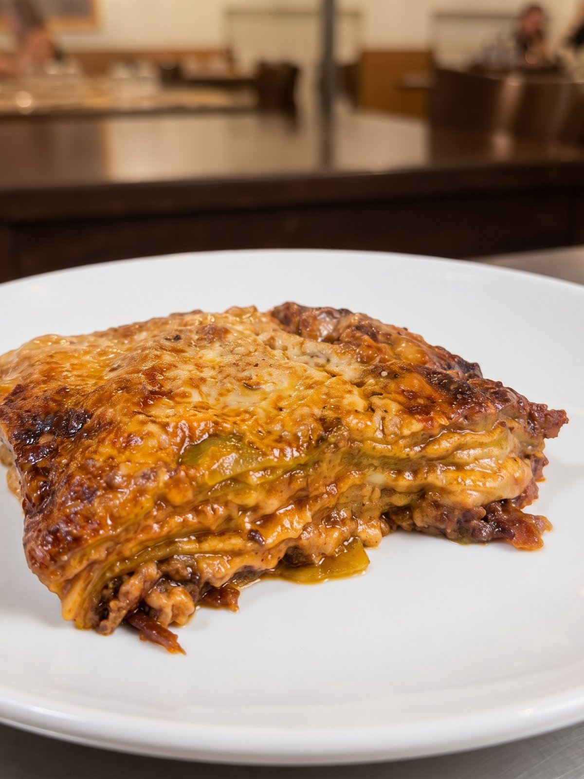 Appetising menu photo of the same lasagna slice with clearly separated layers, rich red ragu and a golden bubbling cheese top