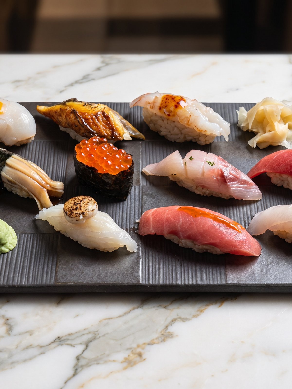 After: cleanly lit studio menu photo of the same plate of nigiri sushi with glossy rice and vivid fish