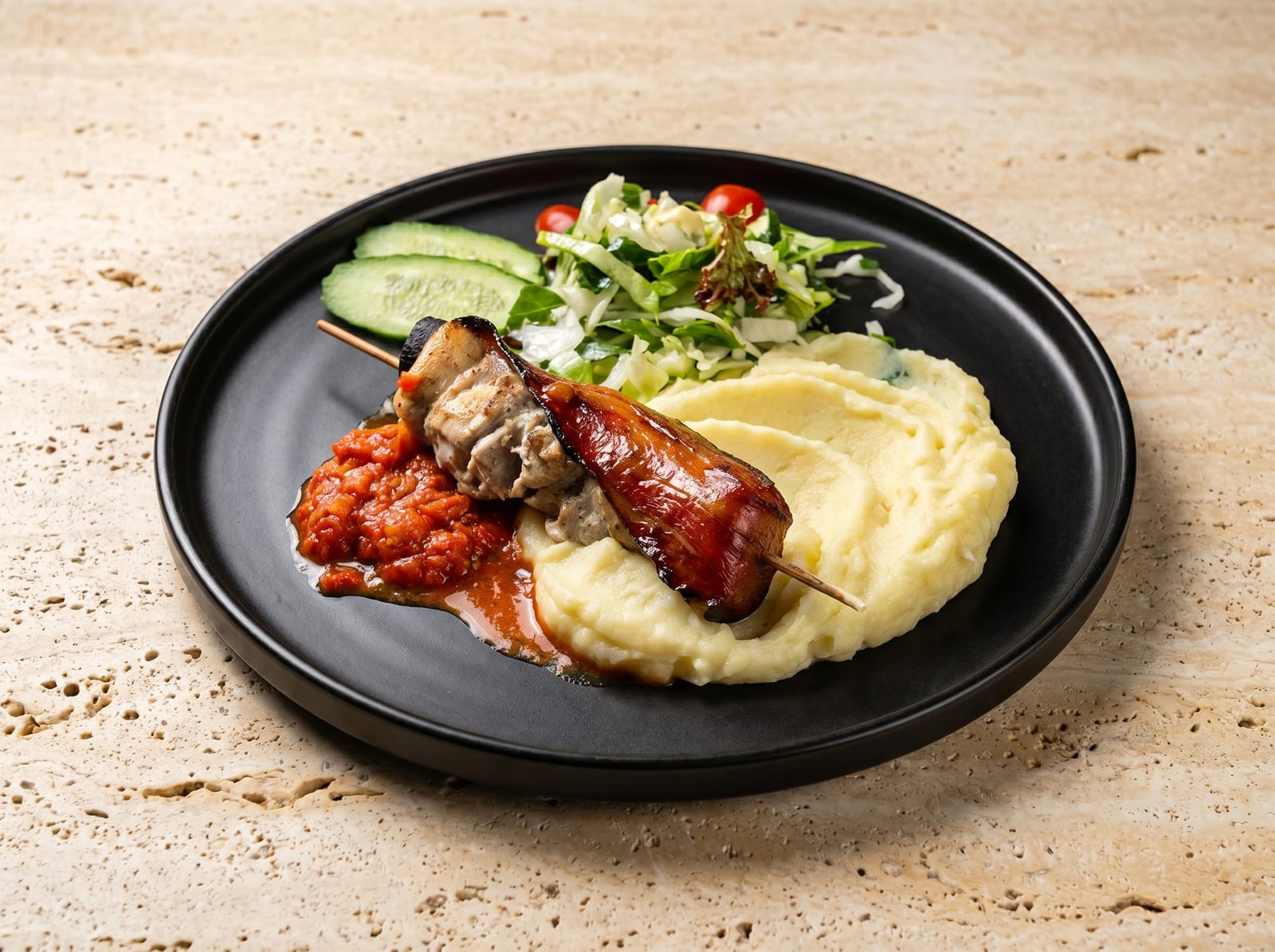Bacon-wrapped pork skewer with mashed potato and ajvar, relit with PlateRefresh